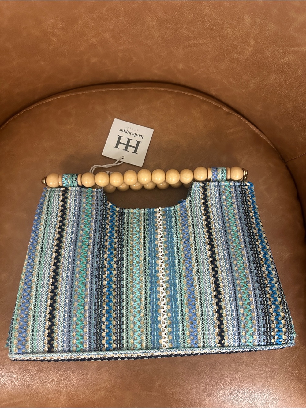 Blue Multi-Stripe Bead Handle Tote